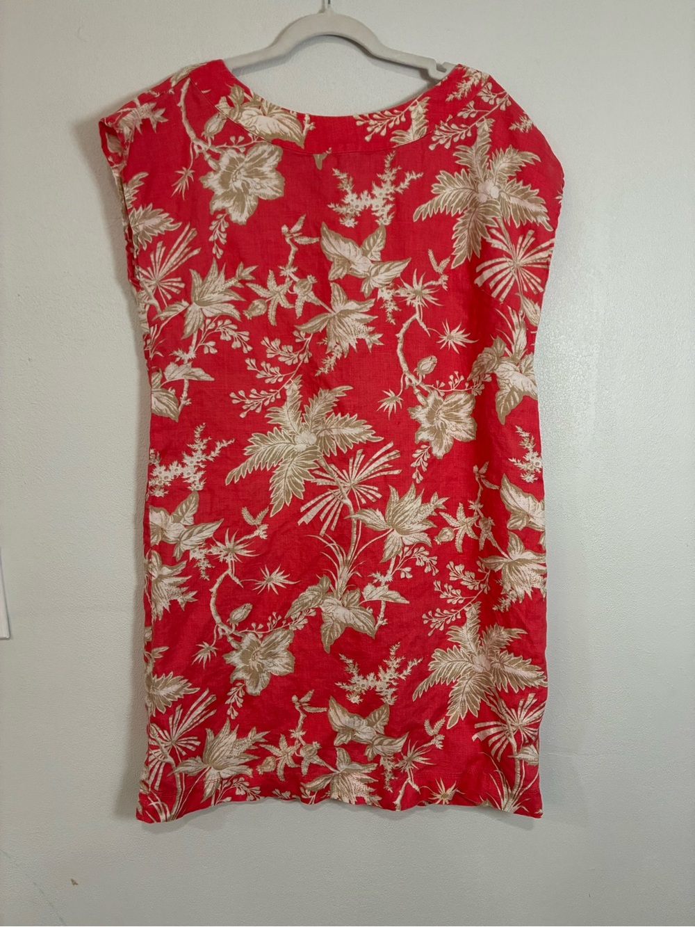 J. Jill Red Linen Floral Midi Dress with Cream Tropical Print